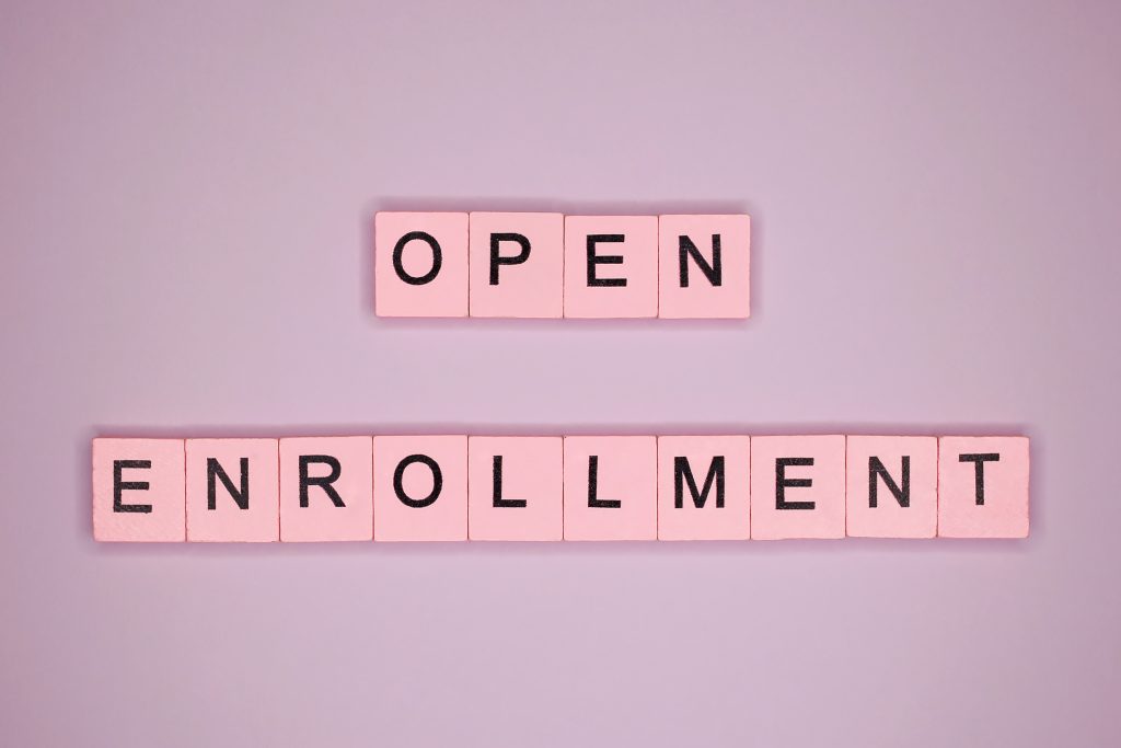 scrabble tiles spelling out "Open Enrollment" which is not a concern for HealthShare members, who can sign up or make changes to their membership anytime